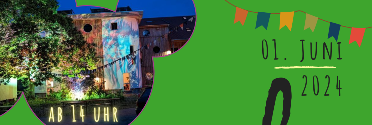Zu sehen ist ein Ausschnitt aus einem Plakat. Oben links in der Ecke ist ein Foto von einem angestrahlten Gebäude bei Nacht. Der Rest des Bildes ist grün, in der rechten oberen Ecke ist eine Girlande abgebildet. Darunter steht: 1. Juni 2024