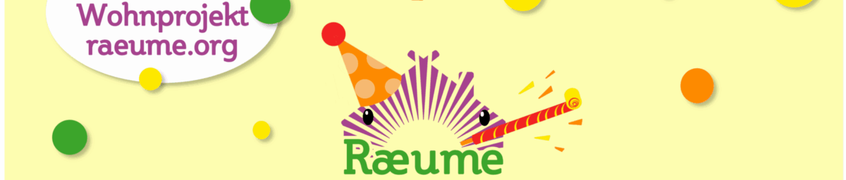 Ein Bild vom Raeume-Logo mit Partyhut und Augen. Daneben in Schrift "Raeume Wohnprojekt raeume.org"