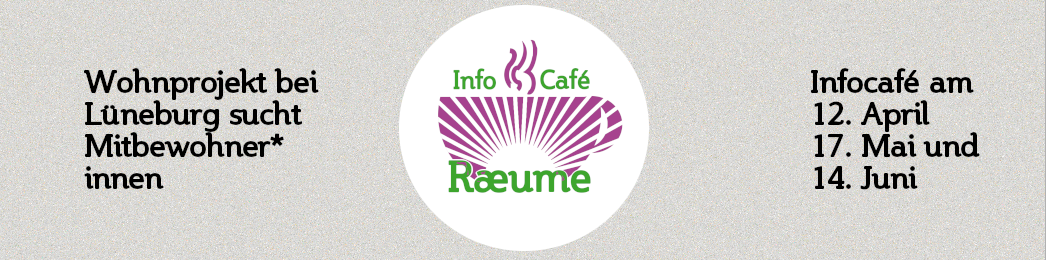 Das Raeume Logo in Form einer Kaffeetasse mit der Überschrift Info-Café