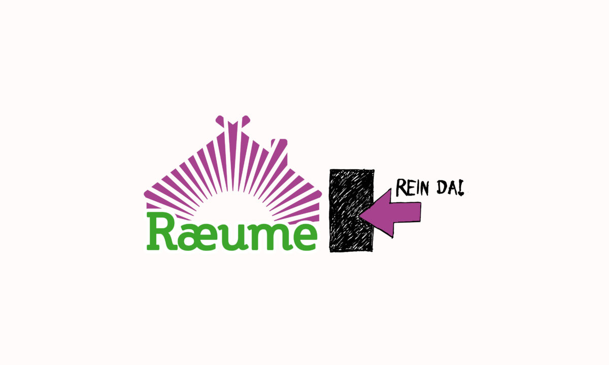 Das Logo von RAEUME. Daneben ein Pfeil auf eine Tür zeigend mit den Worten "Rein da"